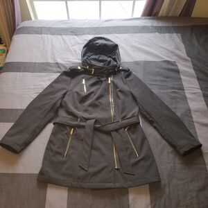 Michael Kors Size Large Black Water Resistant Short Trench Coat Gold Hardware